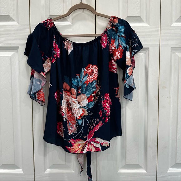 Lucky Brand Dark Blue Floral Blouse with Tie - Picture 2 of 5